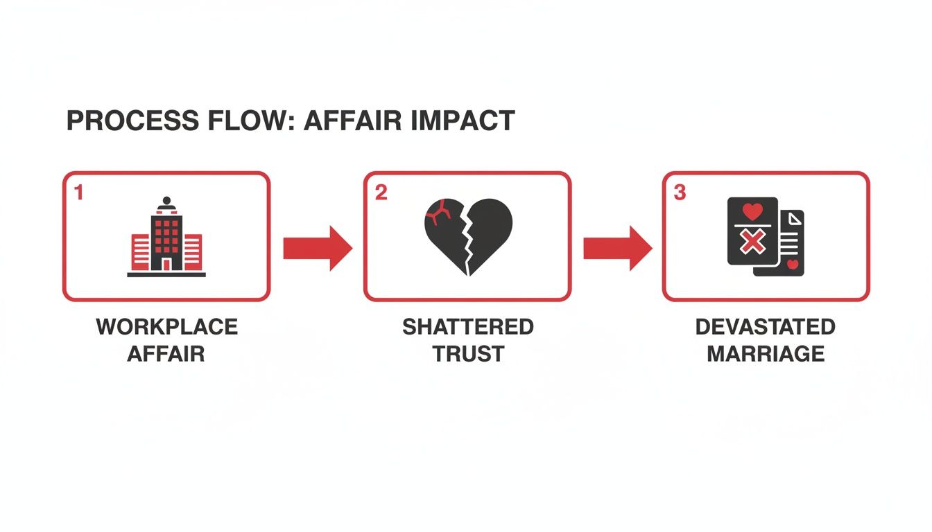A process flow diagram showing a workplace affair leading to shattered trust and a devastated marriage.