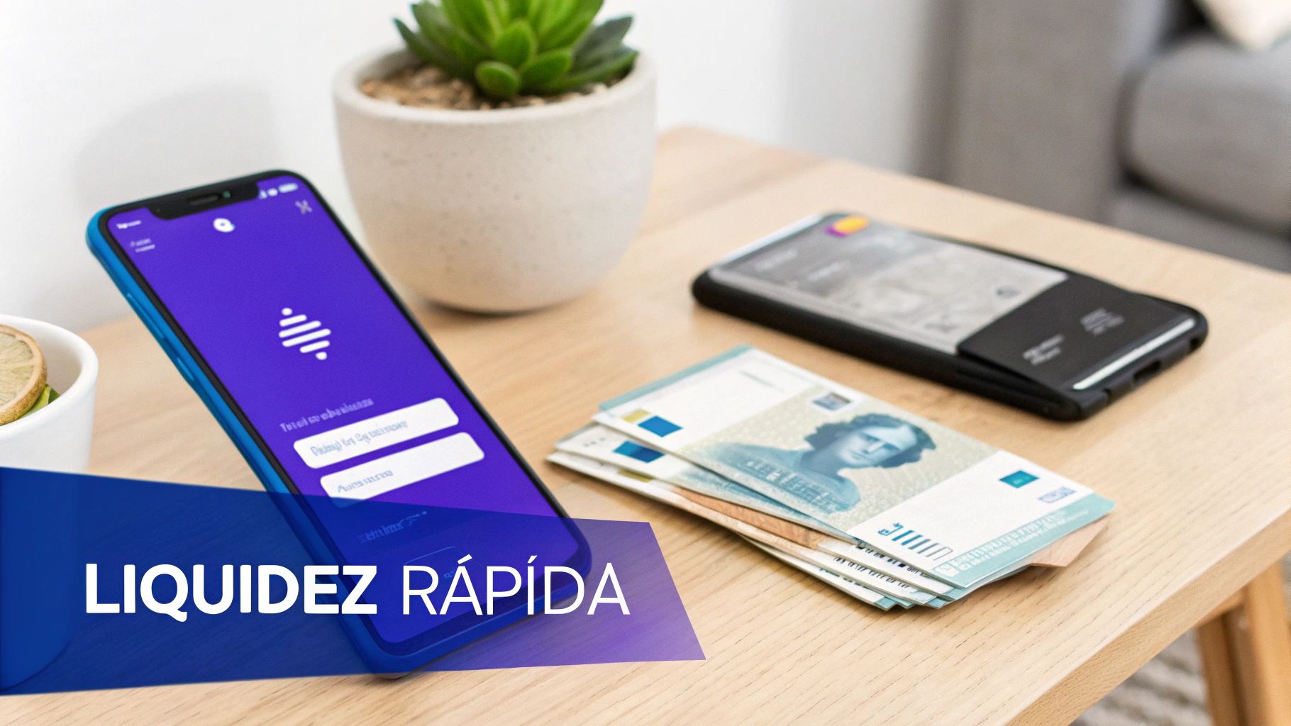 Un teléfono móvil con una aplicación morada y billetes de euro en una mesa de madera, con el texto 'LIQUIDEZ RÁPIDA'.