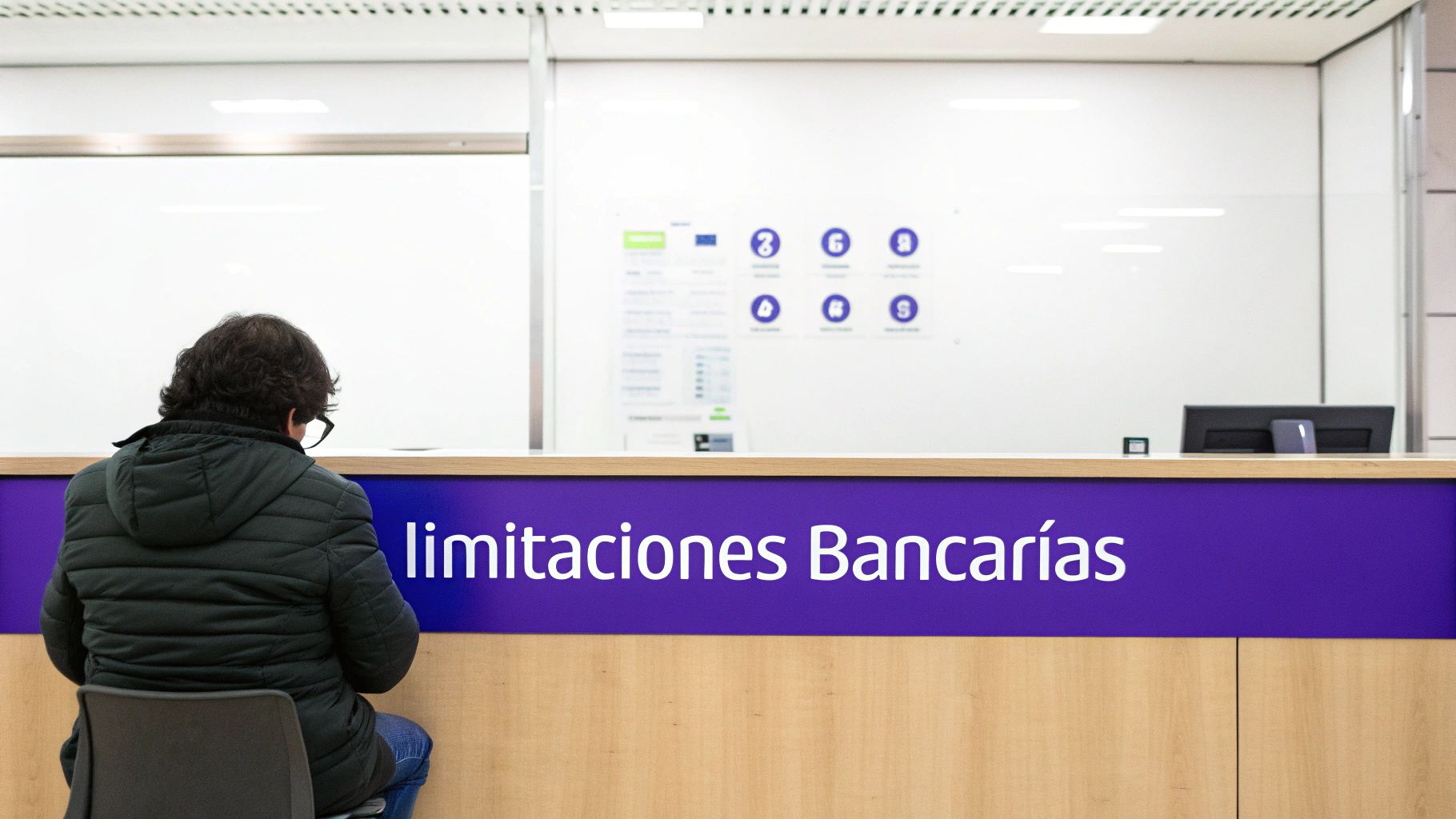 Un cliente sentado de espaldas frente a un mostrador de banco con un cartel que dice "limitaciones Bancarias".