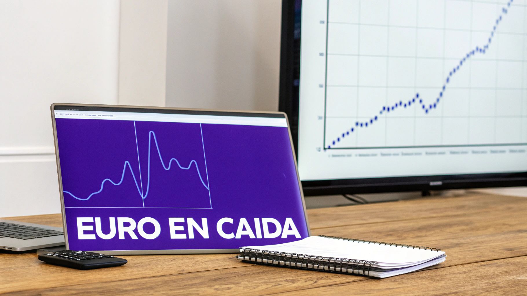 Gráficos económicos en una laptop y una pantalla grande, mostrando la frase 'EURO EN CAIDA' y tendencias de mercado.