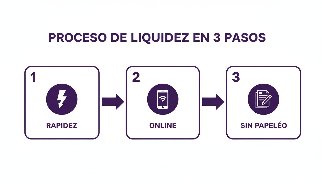 Infografía de proceso de liquidez en 3 pasos: rapidez, online y sin papeleo, ilustrado con íconos.