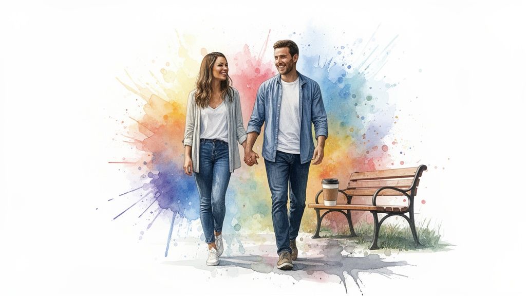 A happy couple walking hand-in-hand against a colorful watercolor splash background with a park bench.