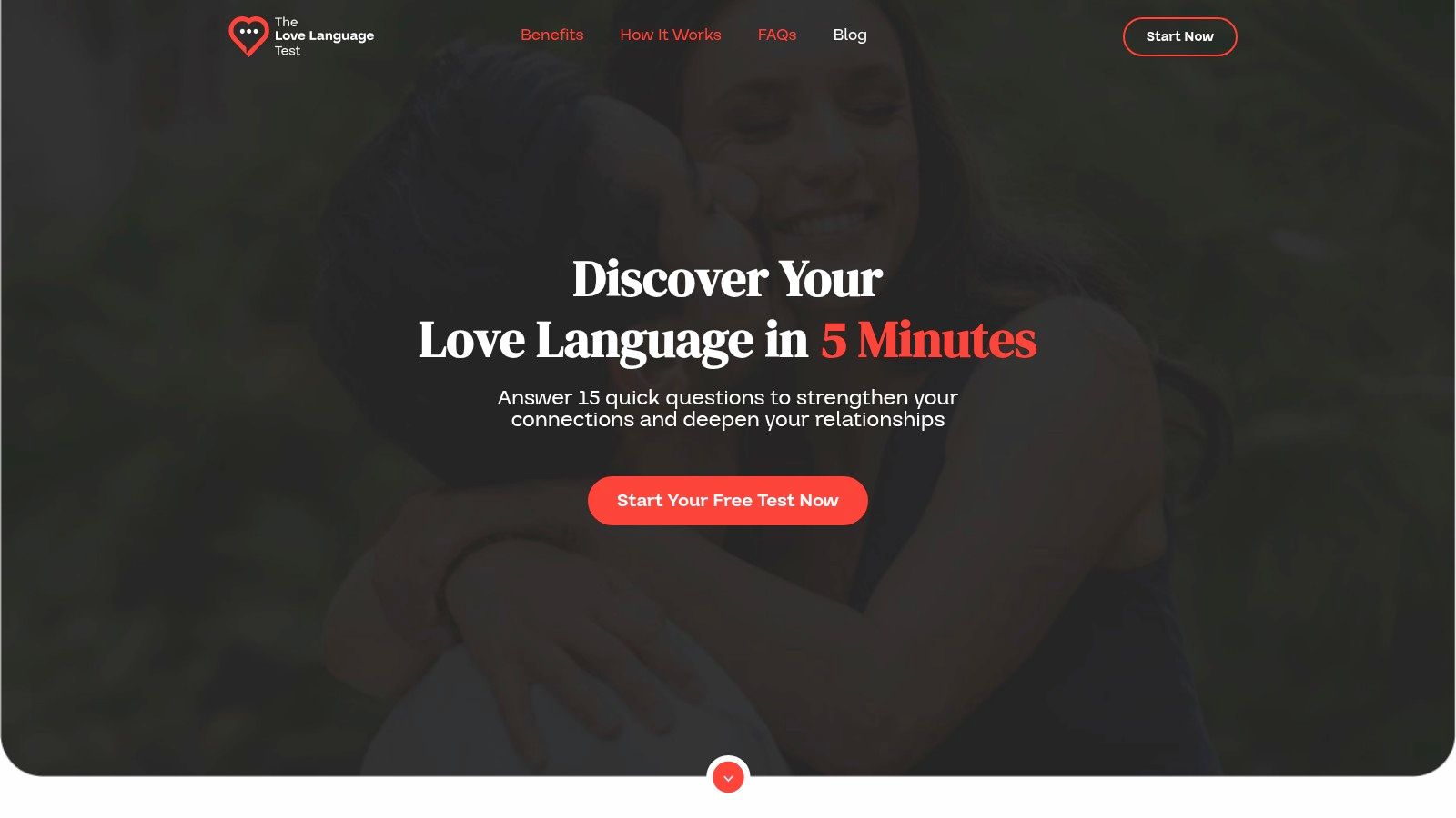 A screenshot of The Love Language Test website showing its simple interface and inviting users to take the free quiz.