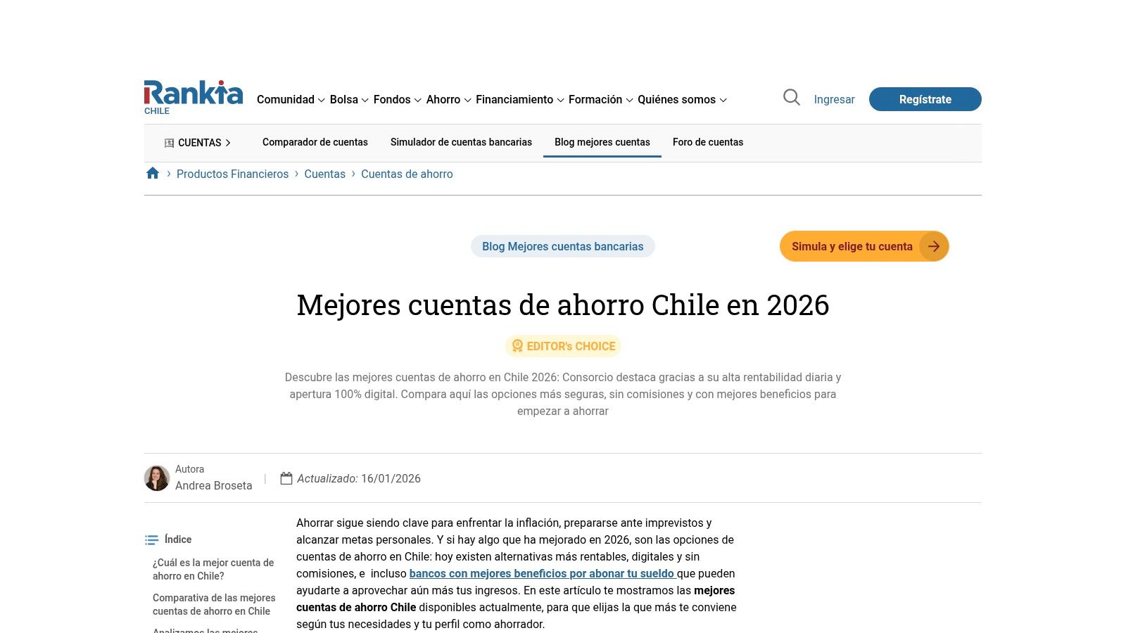 Rankia Chile – Guía comparativa “Mejores cuentas de ahorro en Chile 2026”