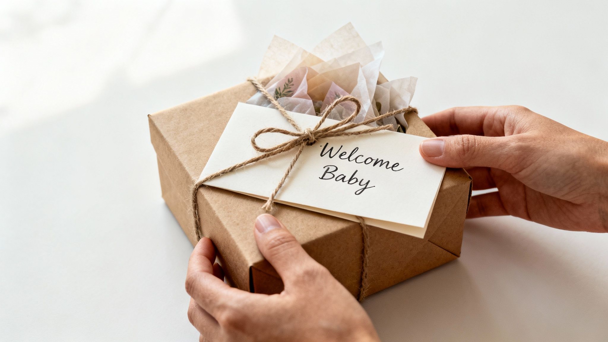 Gift wrapped in white box with floral ribbon