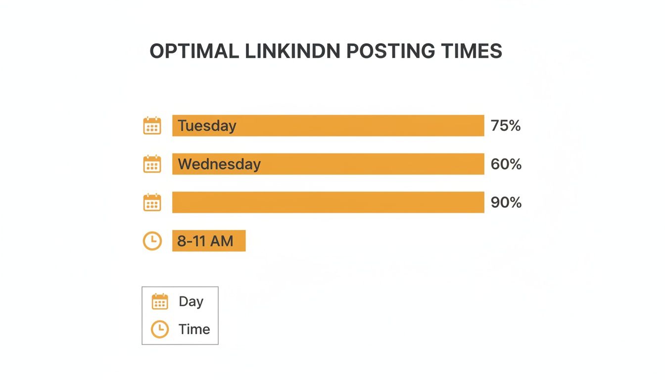 Chart displaying optimal Linkindn posting times, indicating Tuesday at 75%, Wednesday at 60%, and a time slot of 8-11 AM with an unlabeled 90%.