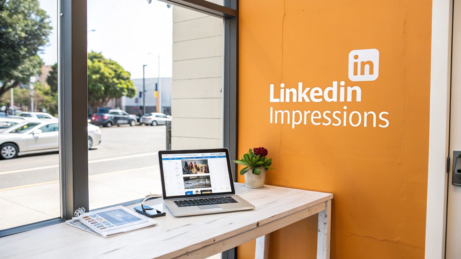 A person looking at a laptop screen showing a LinkedIn profile with analytics graphs.