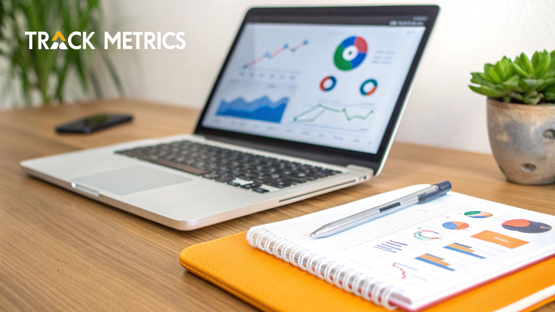 A laptop displaying business data charts on a desk with a notebook, pen, smartphone, and plant.
