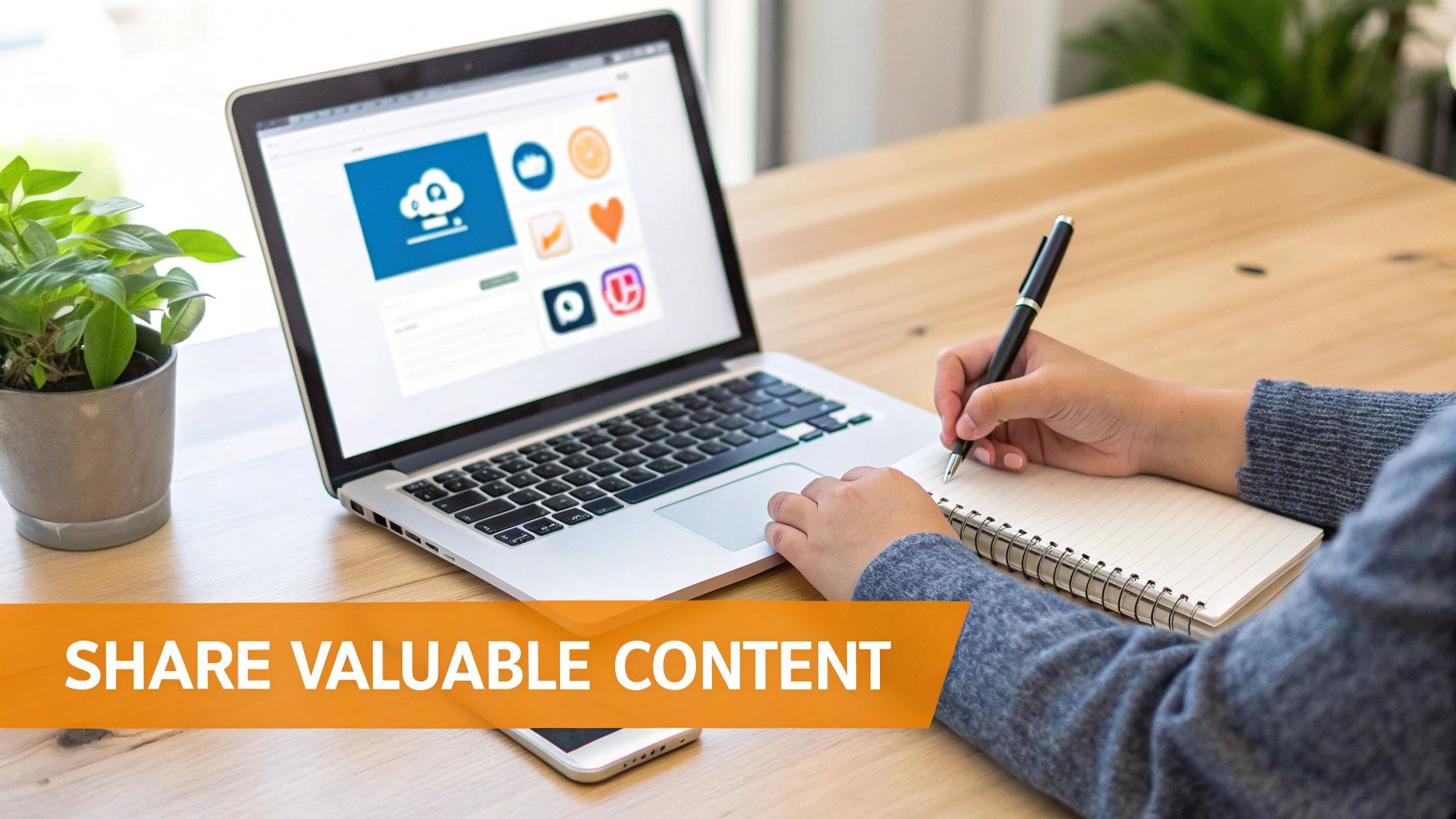 Hands writing in a notebook on a wooden desk next to a laptop displaying sharing icons and a plant.