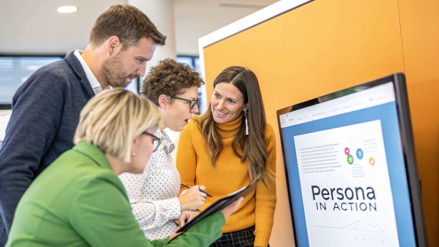 A team strategically applying buyer persona insights to their marketing campaign on a digital whiteboard.