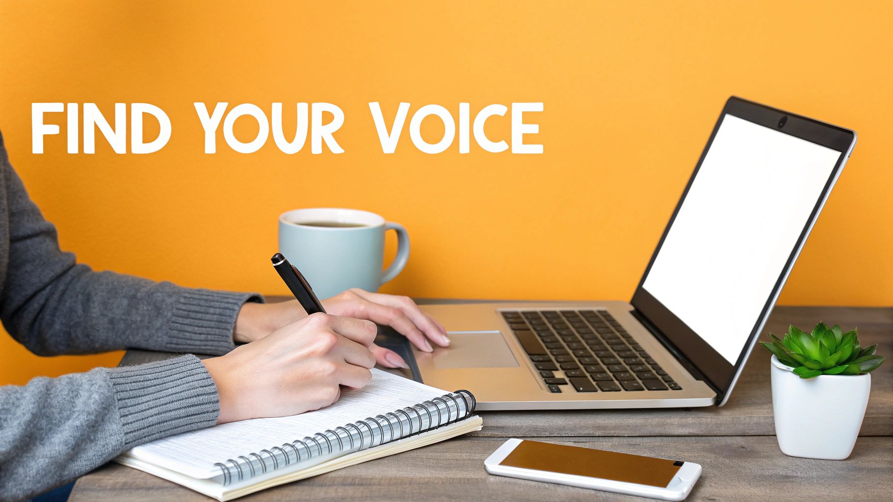 Person writing in a notebook at a desk with a laptop, coffee, and phone, with 'FIND YOUR VOICE' text.
