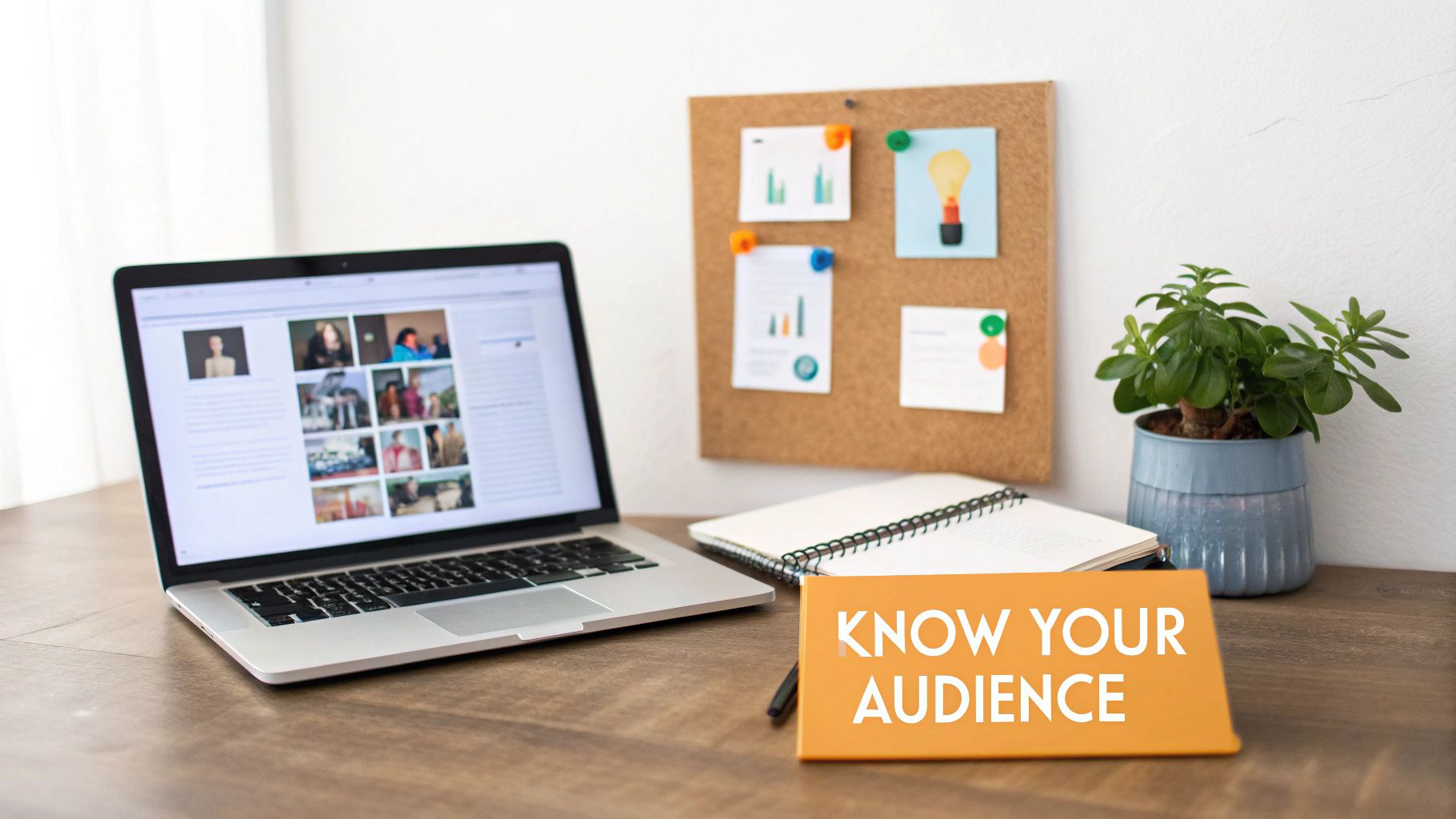 A focused workspace featuring a laptop with social media content, a cork board, and a 'KNOW YOUR AUDIENCE' sign on a wooden desk.
