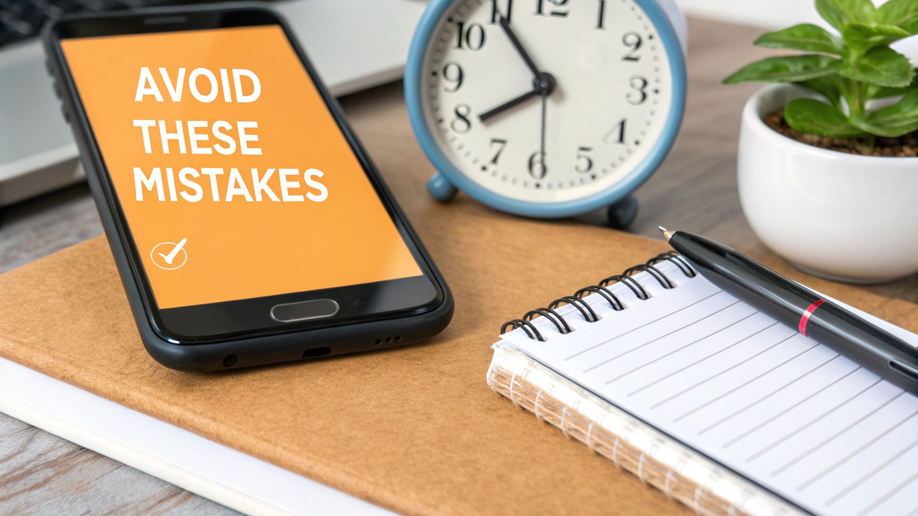 A smartphone displaying 'AVOID THESE MISTAKES' with an alarm clock, notebook, and pen on a desk.