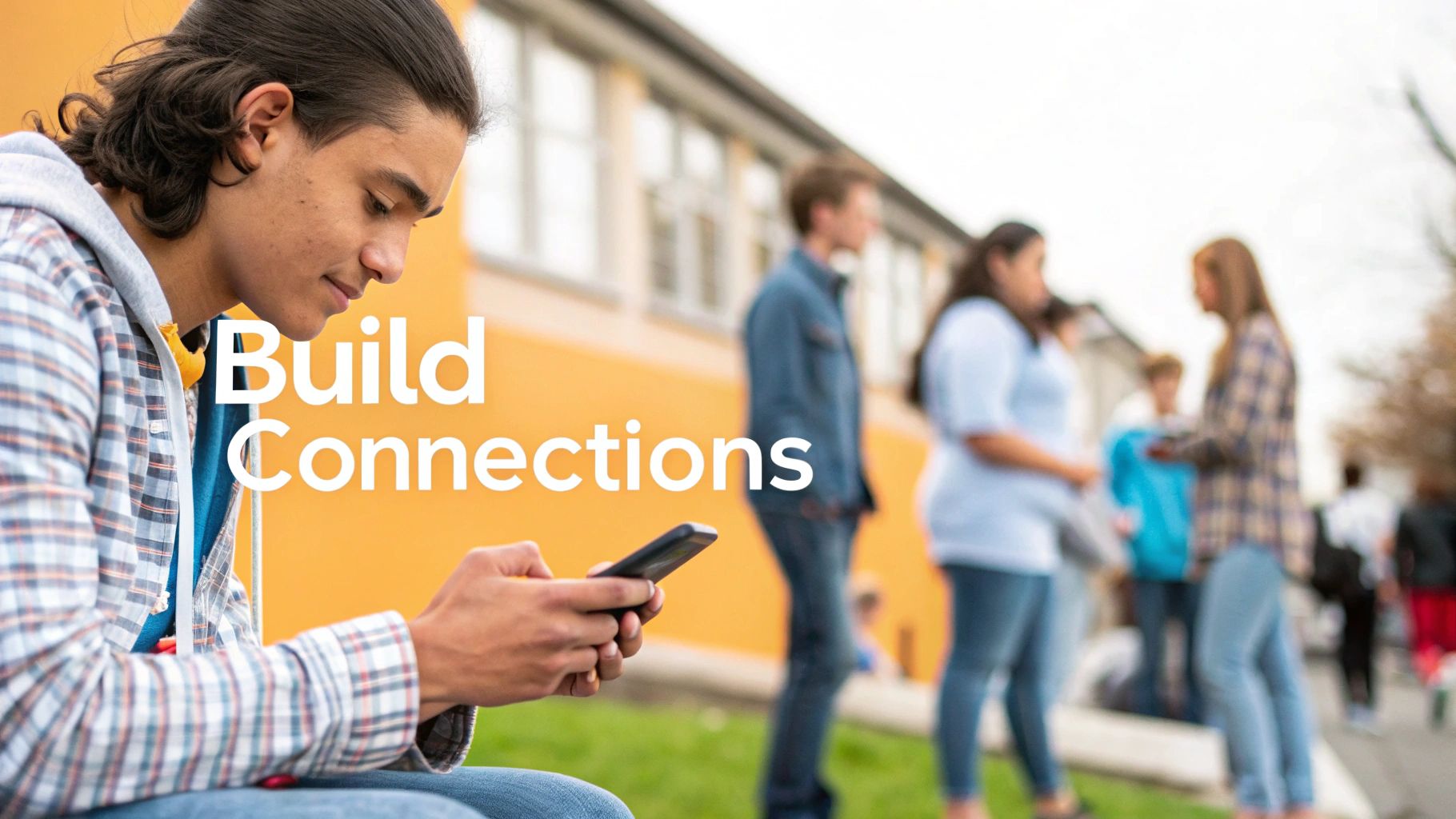 Young man on his phone outdoors, with blurred students interacting in the background, promoting connections.