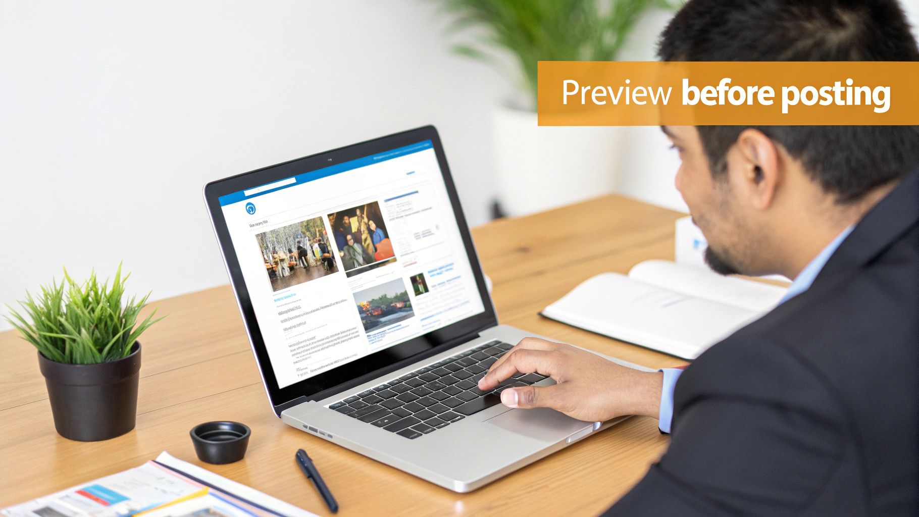 Man uses laptop displaying content, adhering to the 'Preview before posting' instruction.