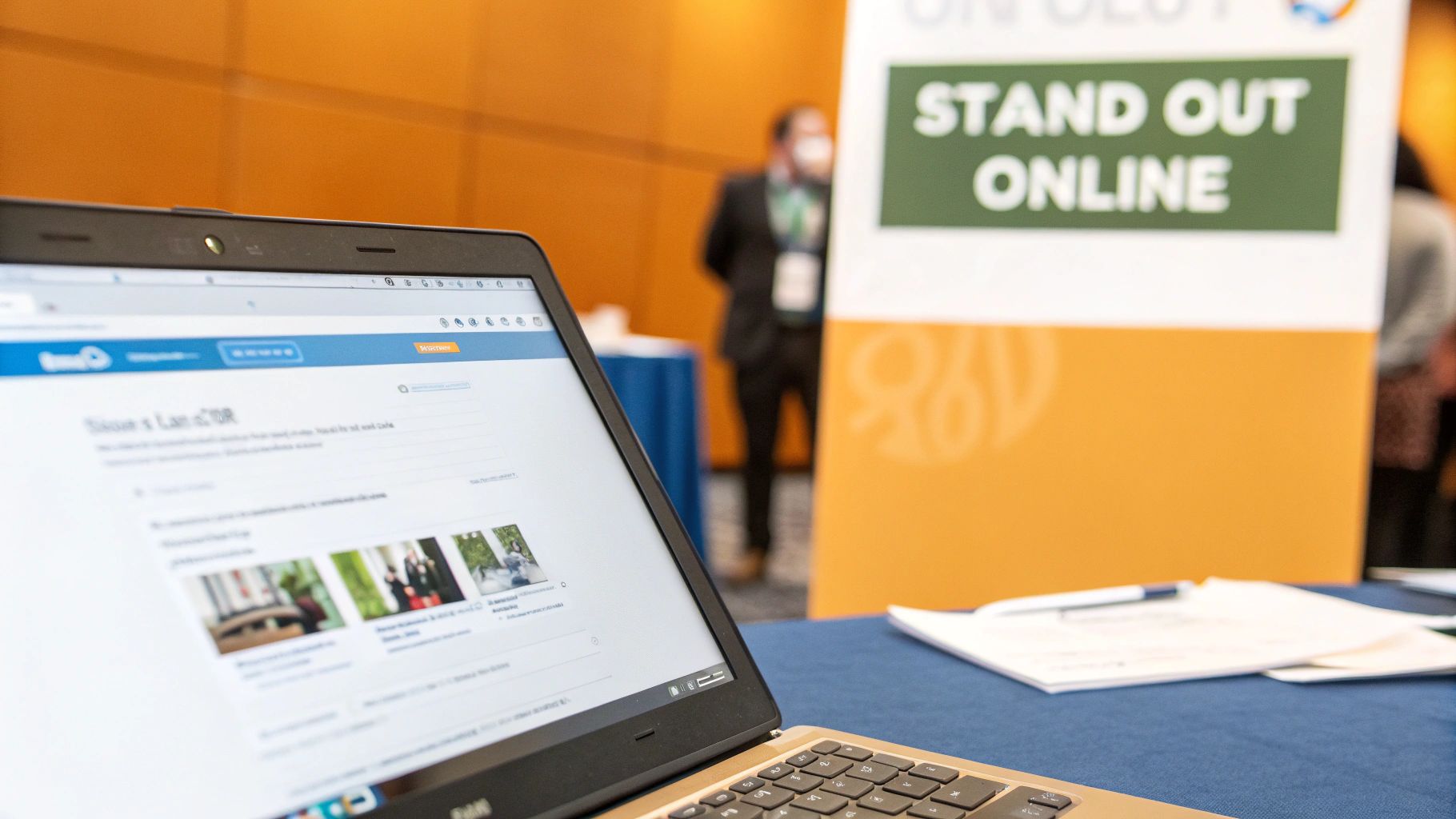 A laptop displaying a webpage with 'Stand Out Online' banner and a person in a conference setting.