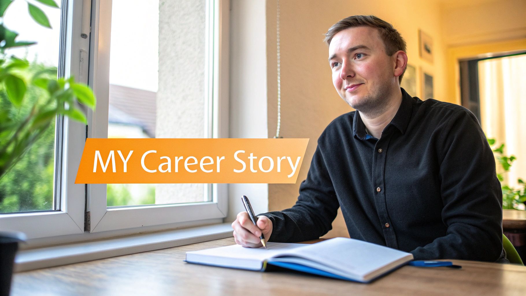 Thoughtful man writing his career story in a notebook at a wooden table near a window.
