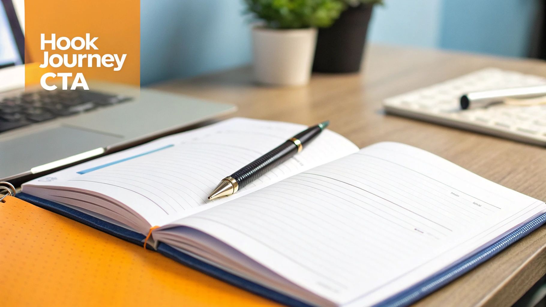 A workspace with a laptop, an open journal with a pen, and an orange overlay with text.
