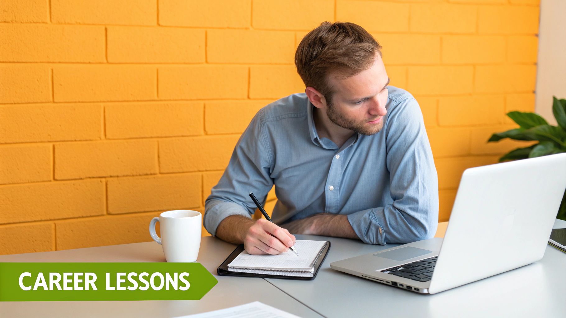 A focused man writes in a notebook while looking at his laptop, with a mug nearby and a brick wall background.