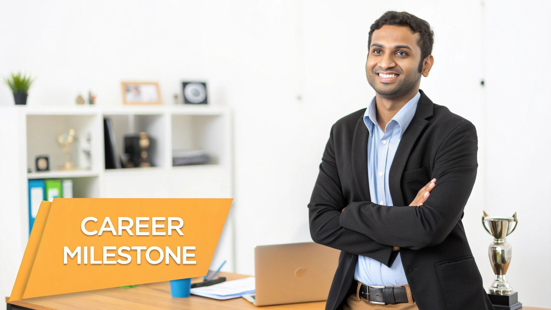 A smiling professional man in a suit with crossed arms stands by a desk with a "Career Milestone" banner.