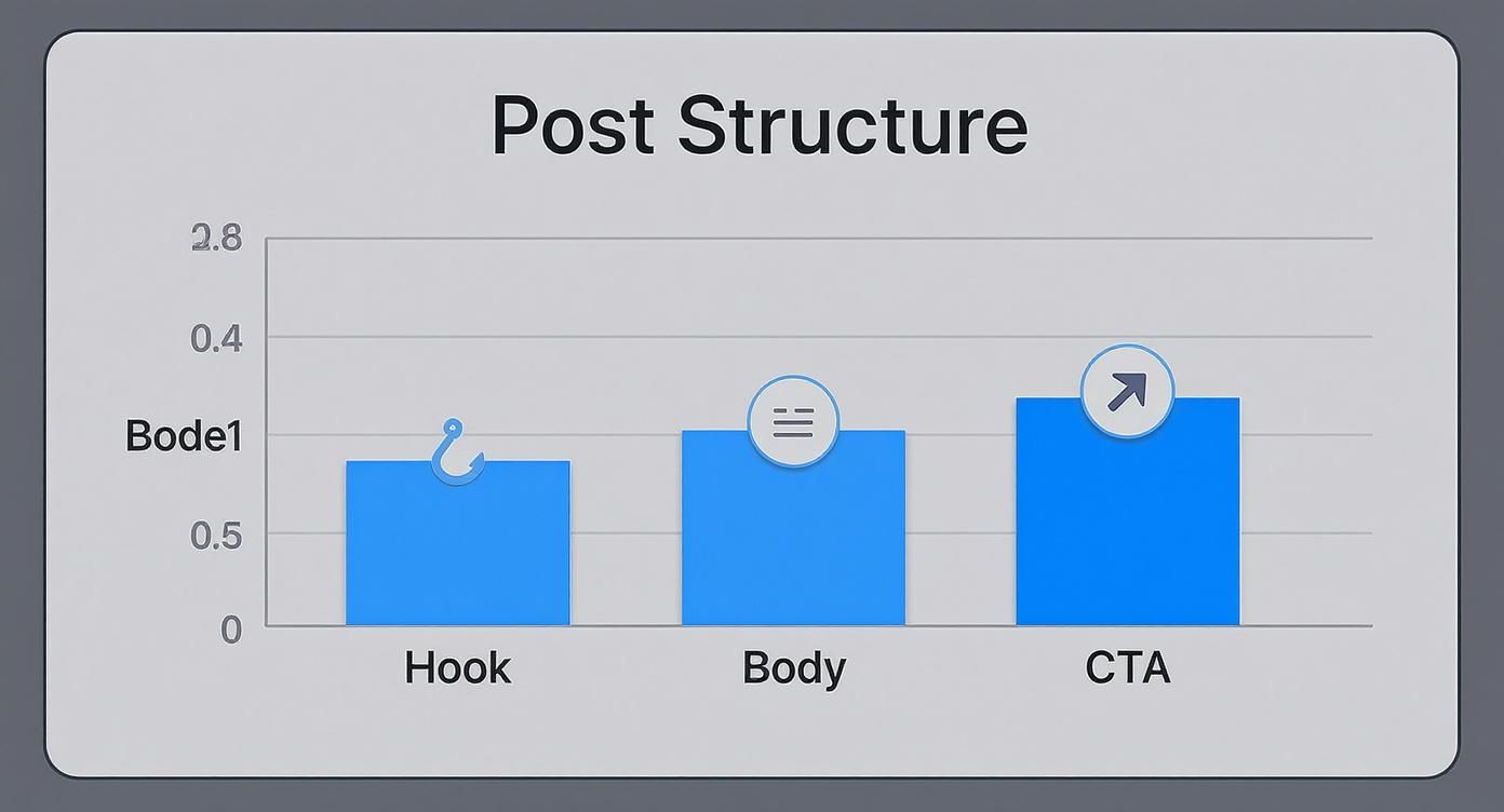 A bar chart illustrating Post Structure, comparing Hook, Body, and CTA elements by value.