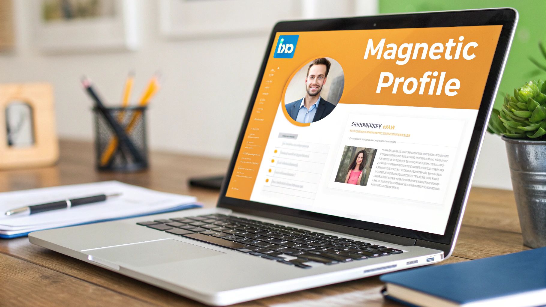 A laptop displays a 'Magnetic Profile' webpage with a man's profile picture on a wooden desk.