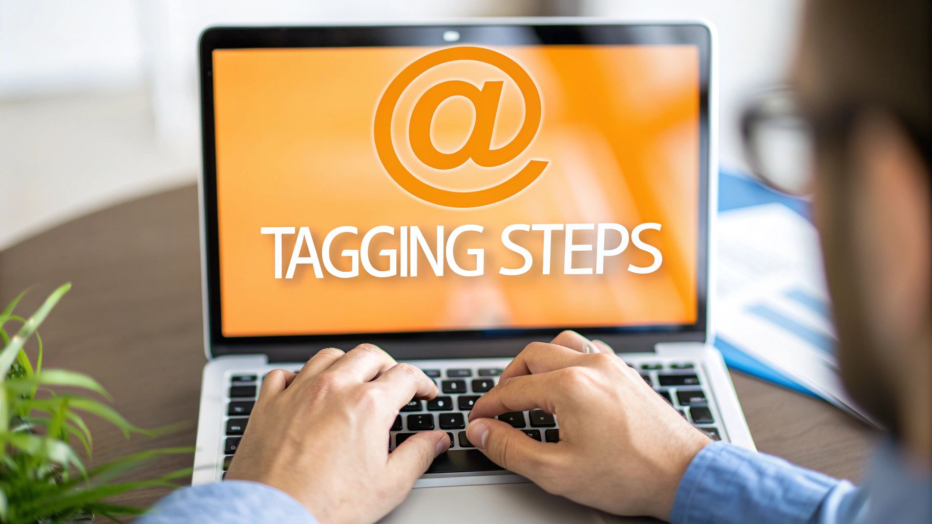 Close-up of a person typing on a laptop displaying 'TAGGING STEPS' and a large '@' symbol.