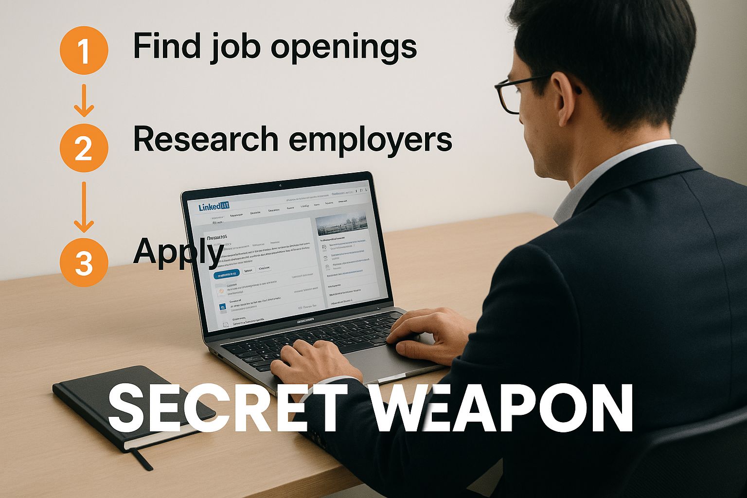 A professional reviews a LinkedIn page on a laptop, with text overlaying that says 'Secret Weapon'.