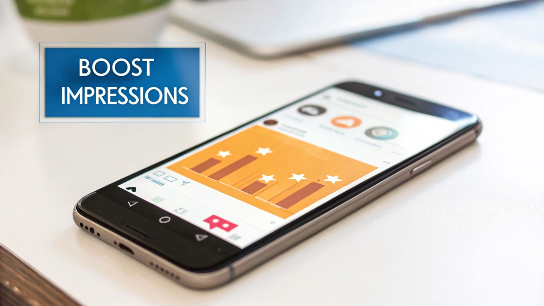 Mobile phone displaying an app with a bar chart and stars, with a 'BOOST IMPRESSIONS' overlay.