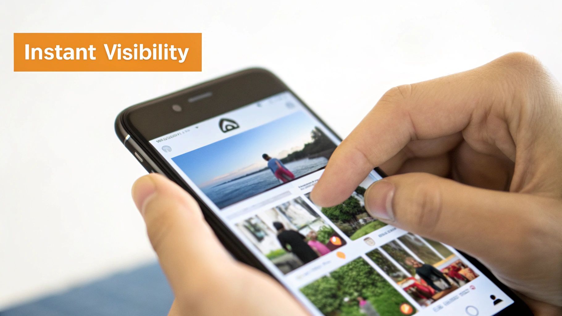 A hand scrolls through a smartphone screen displaying photos and the text 'Instant Visibility'.