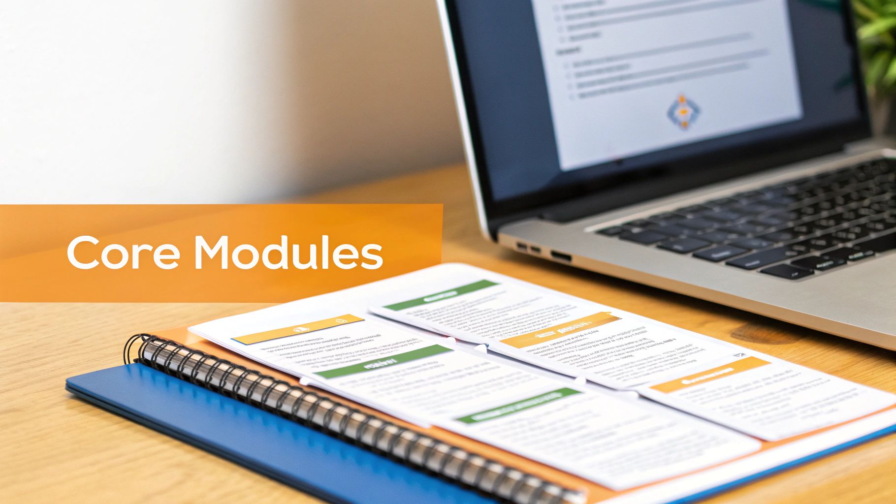 A workspace with a laptop, notebook, and course materials under an 'Core Modules' banner.