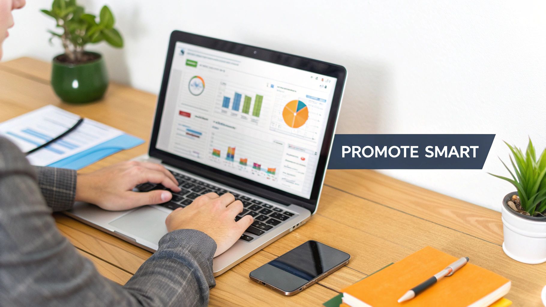 A person sharing their newly published LinkedIn article on various social media platforms using a laptop and smartphone.