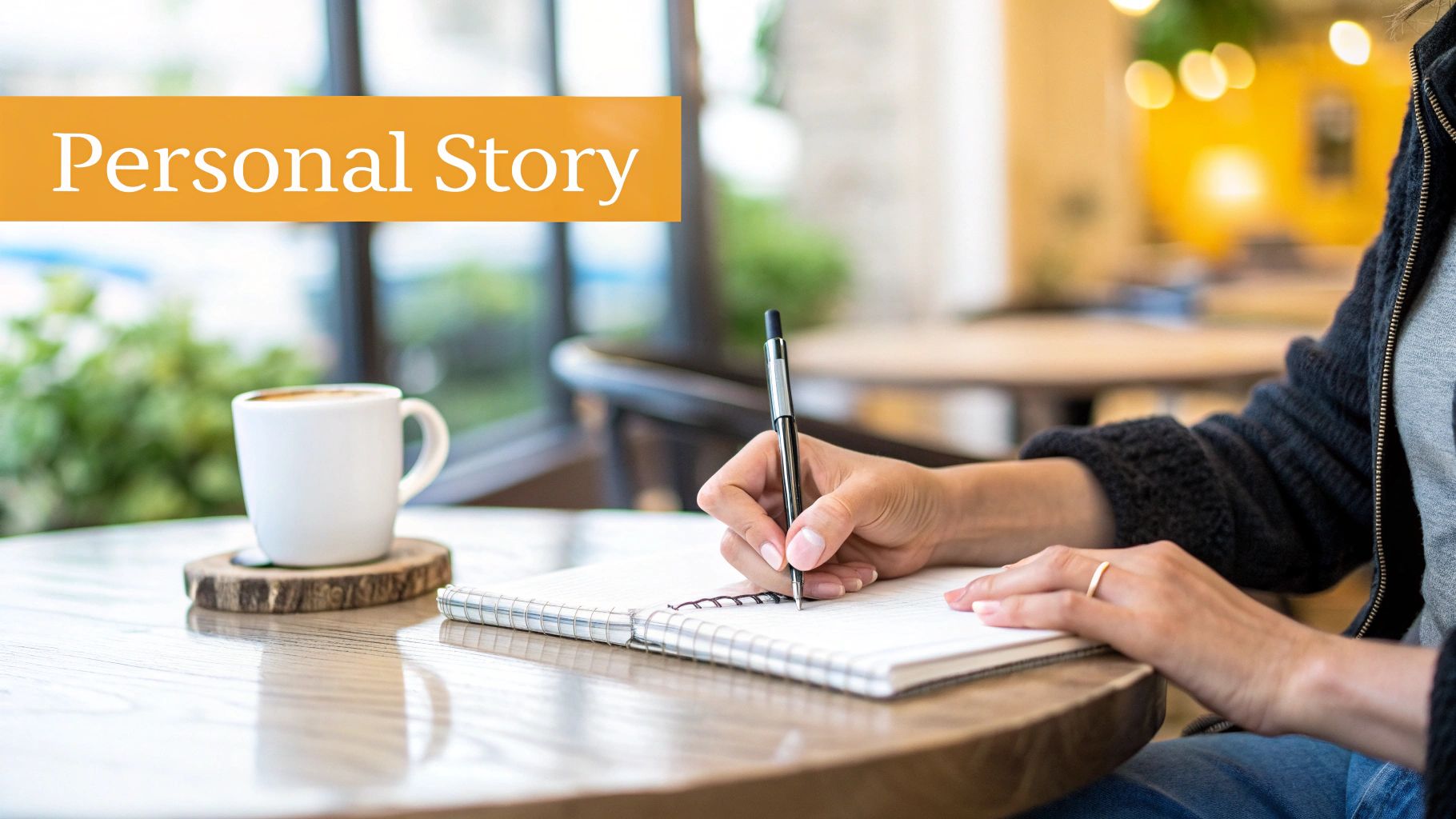 A person writing in a notebook with a pen at a cafe table, with a coffee cup and "Personal Story" text overlay.