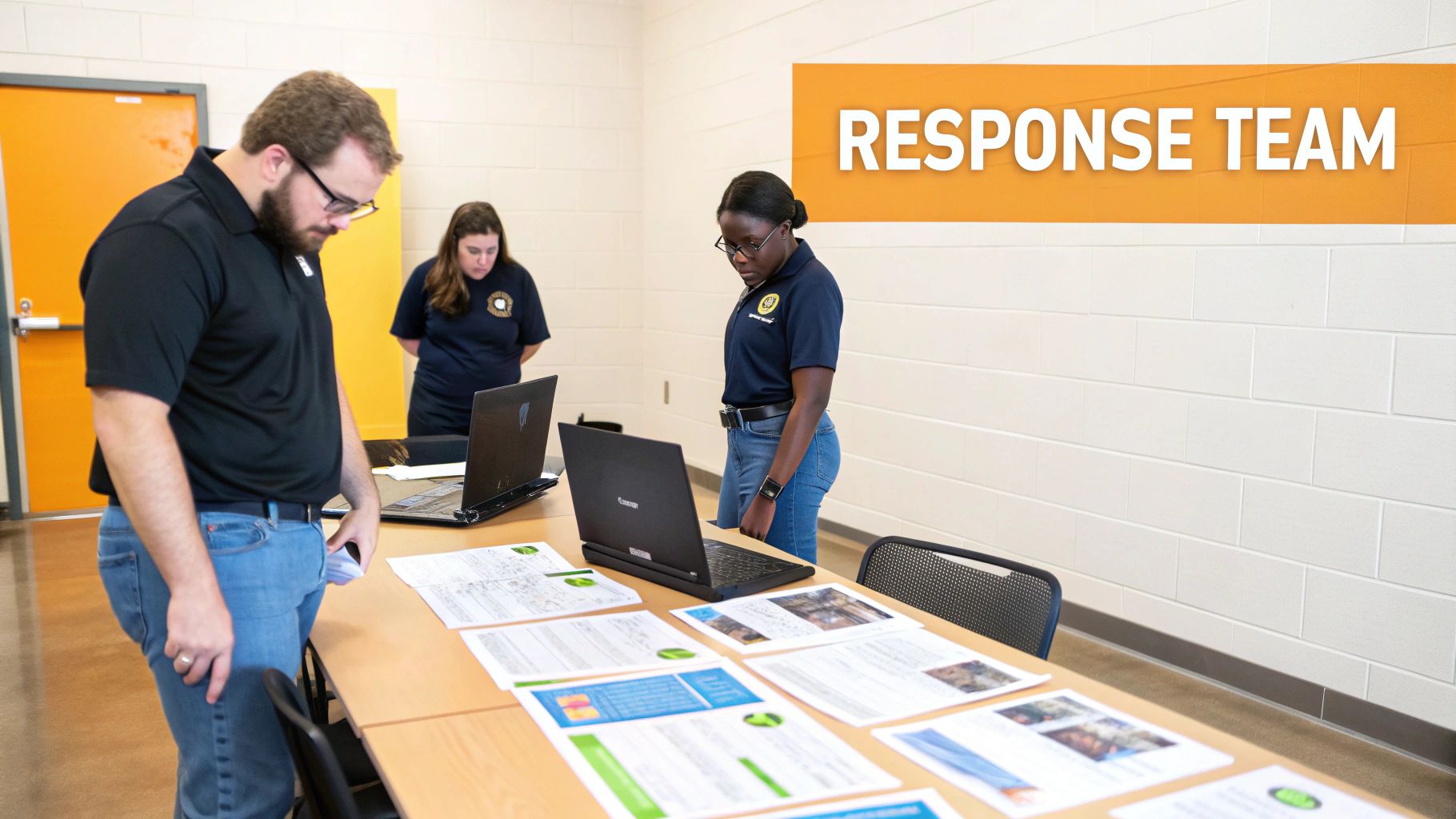 A team collaborating on a message board with lightbulbs, symbolizing proactive idea generation for crisis communication.