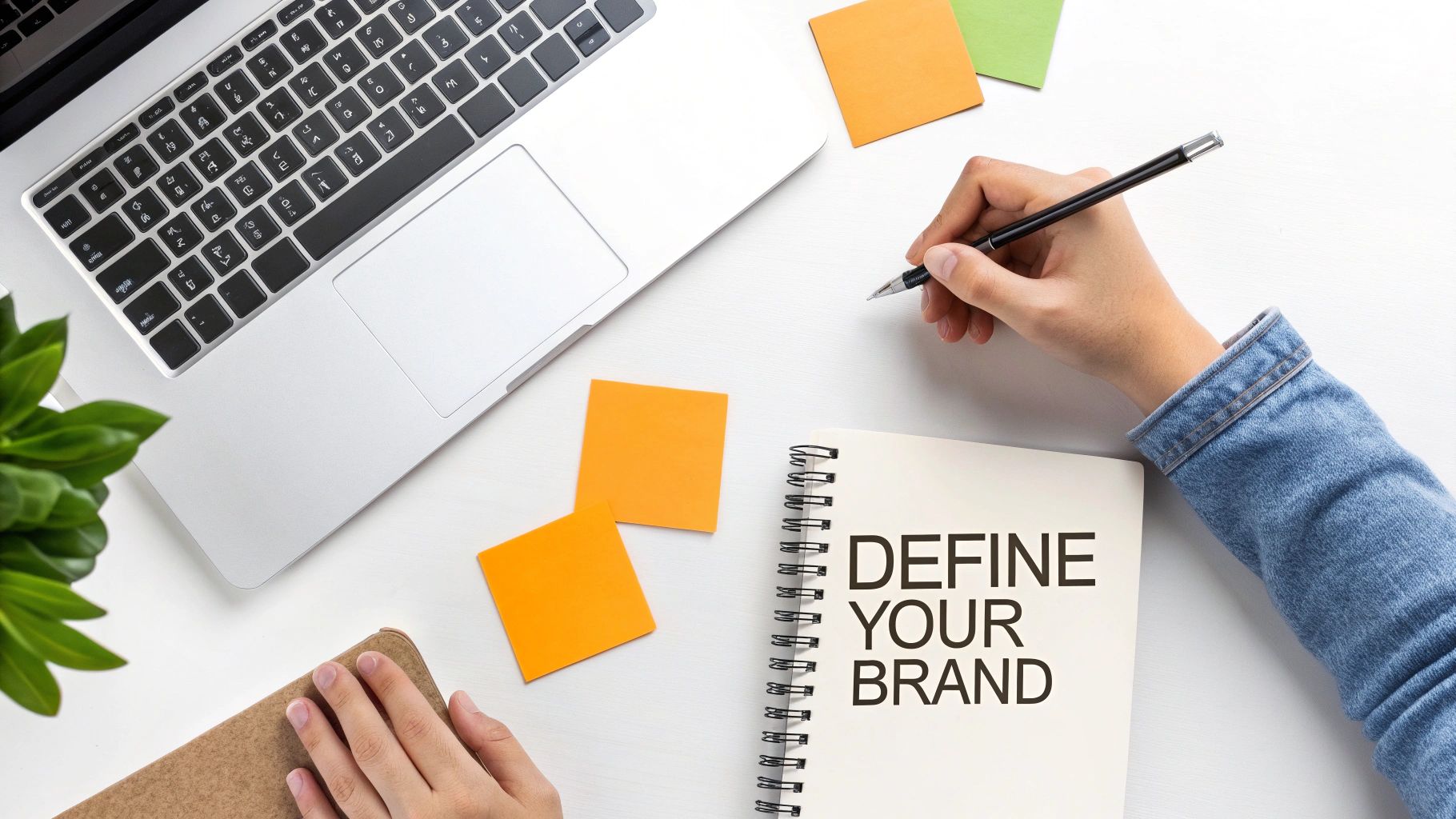 Overhead shot of a person writing 'Define Your Brand' in a notebook on a desk with a laptop and sticky notes.