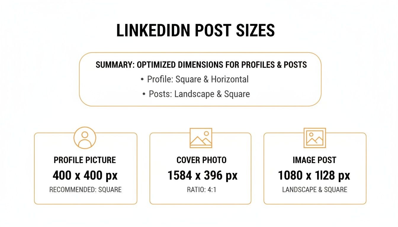 An infographic detailing optimized LinkedIn post sizes including profile picture, cover photo, and image post dimensions.