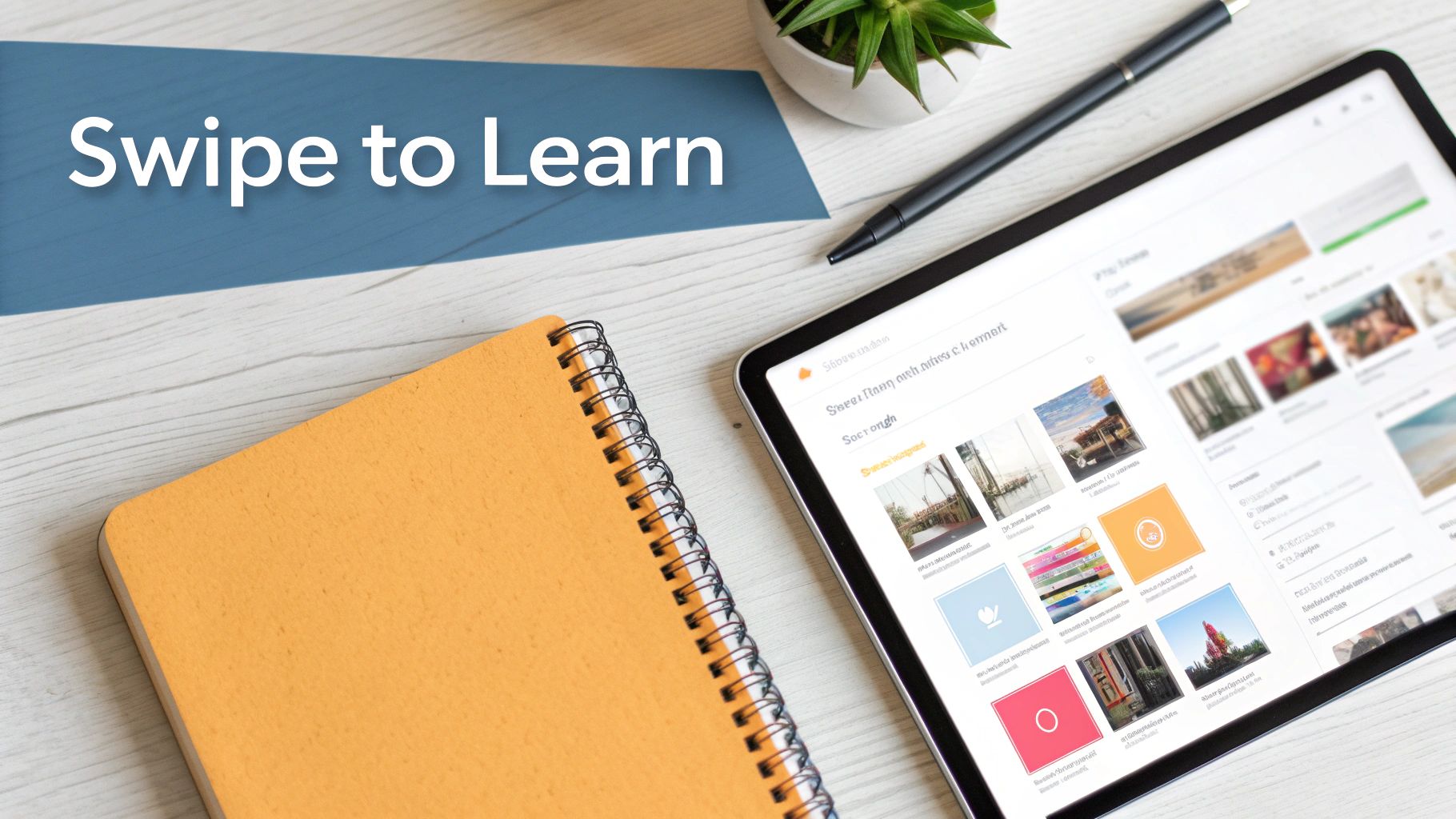 Desk flat lay featuring an orange notebook, a tablet displaying visual content, and a pen, with the text 'Swipe to Learn'.