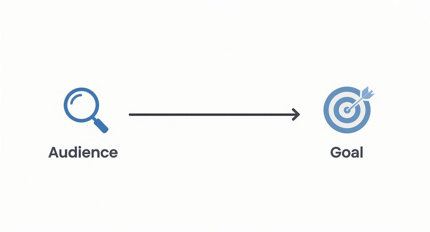 Diagram showing a magnifying glass icon for 'Audience' leading via an arrow to a target icon for 'Goal'.