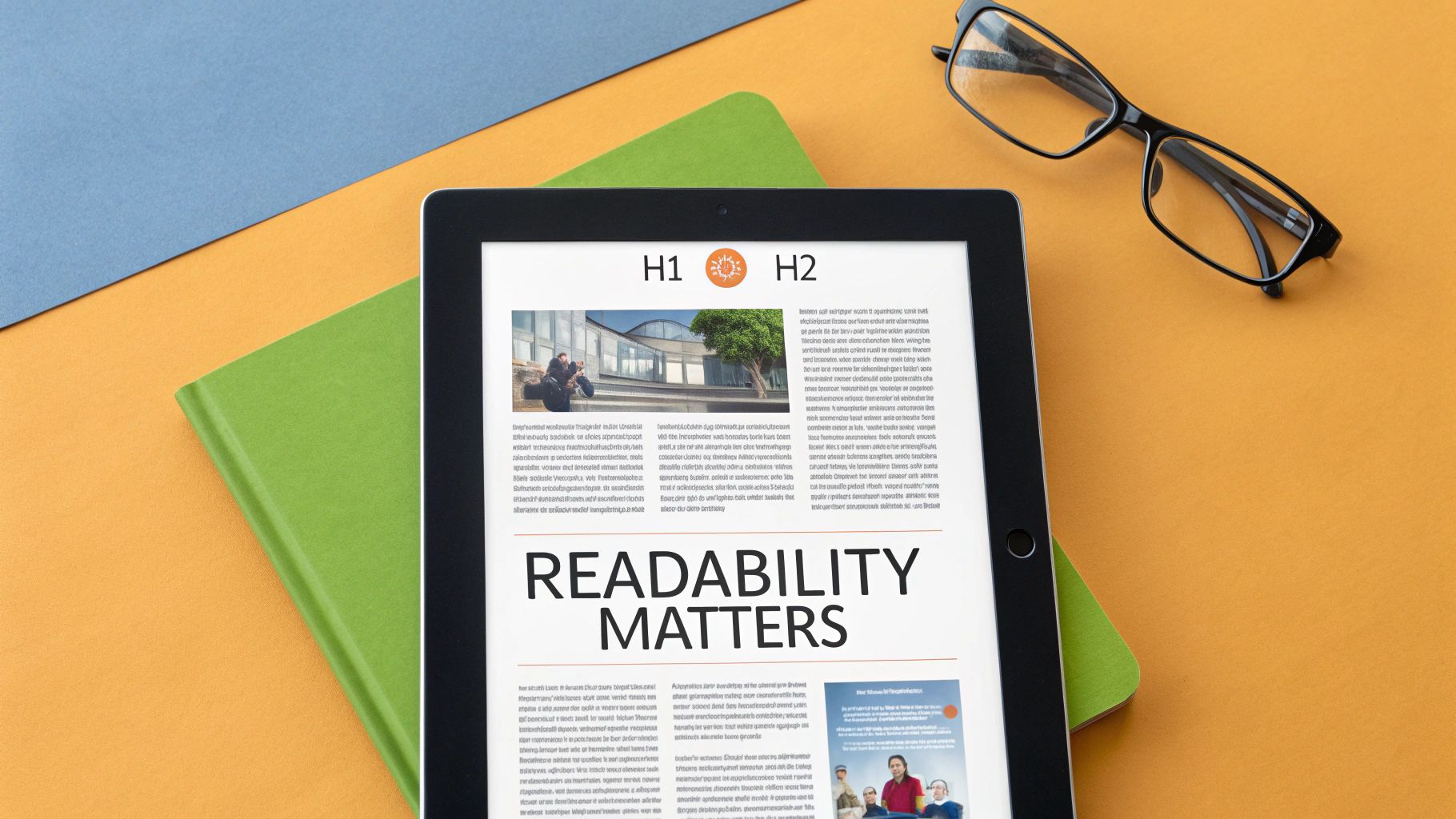 A tablet displaying an article titled 'Readability Matters' on a green book with eyeglasses nearby.