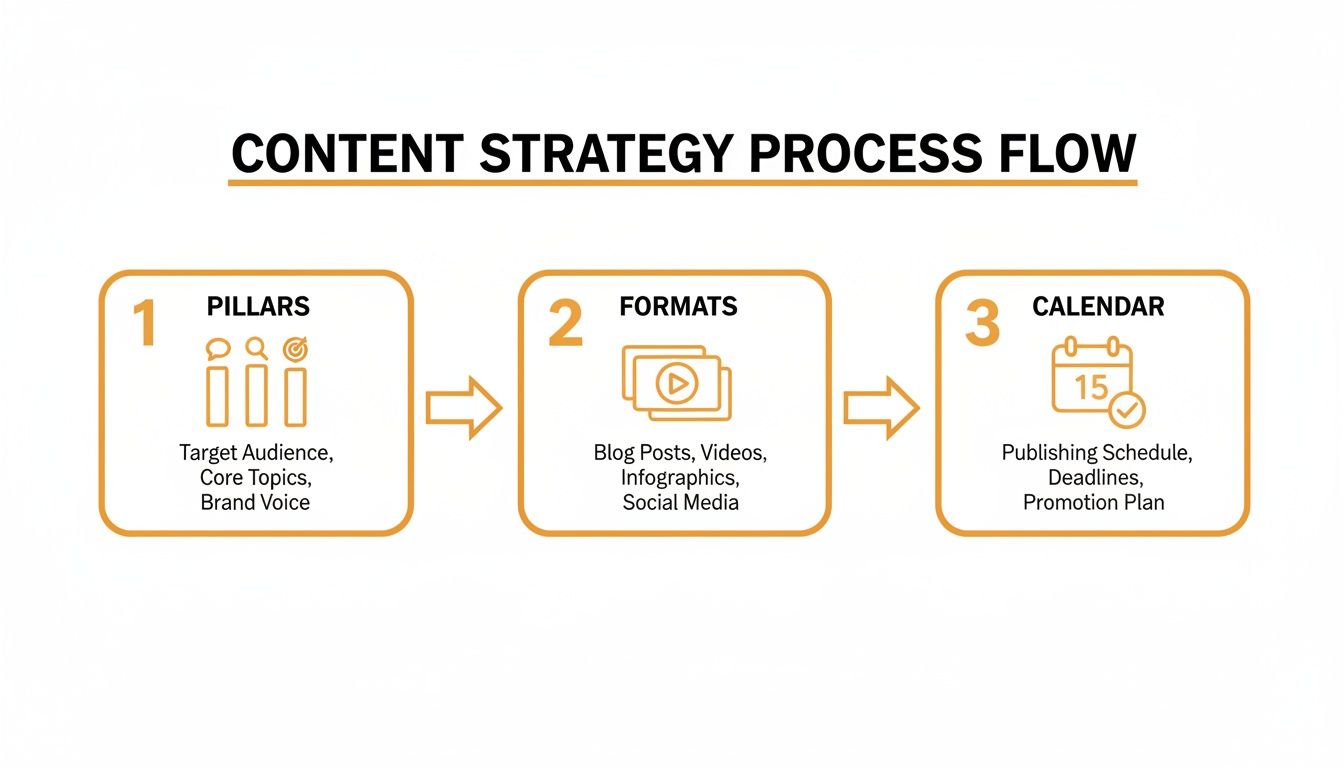 Content strategy process flow outlining Pillars, Formats, and Calendar for effective content planning.