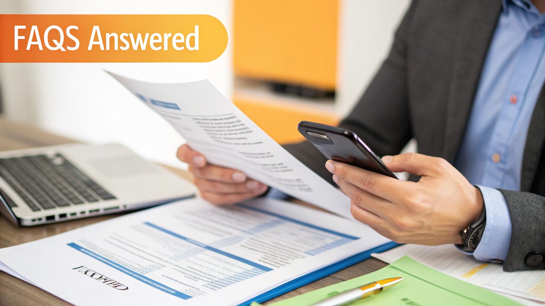 A person looking at a screen with question marks, symbolizing common questions about LinkedIn carousels.