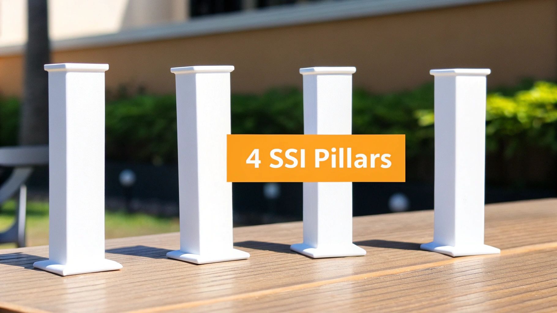 Four white pillars stand on a wooden surface, with an orange banner displaying '4 SSI Pillars'.