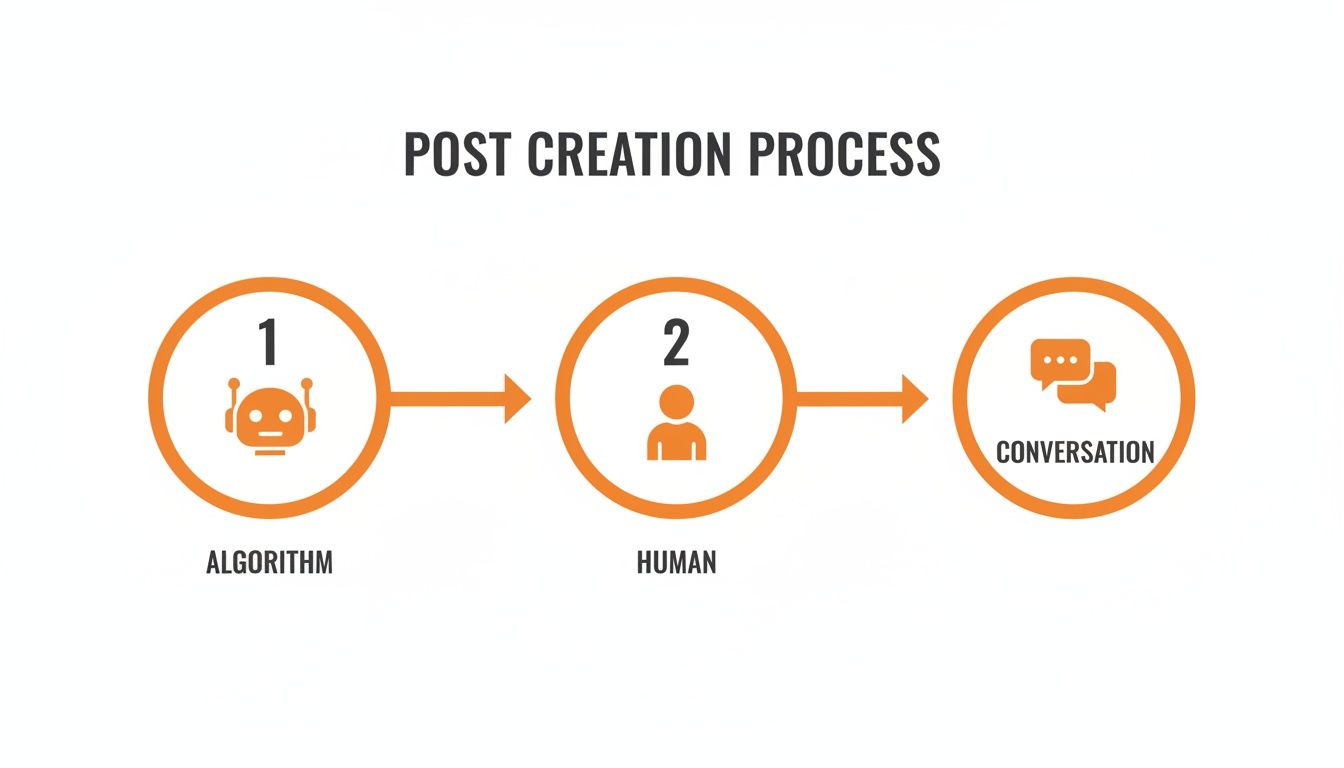 Diagram illustrating a post-creation process flow from algorithm to human review to conversation.