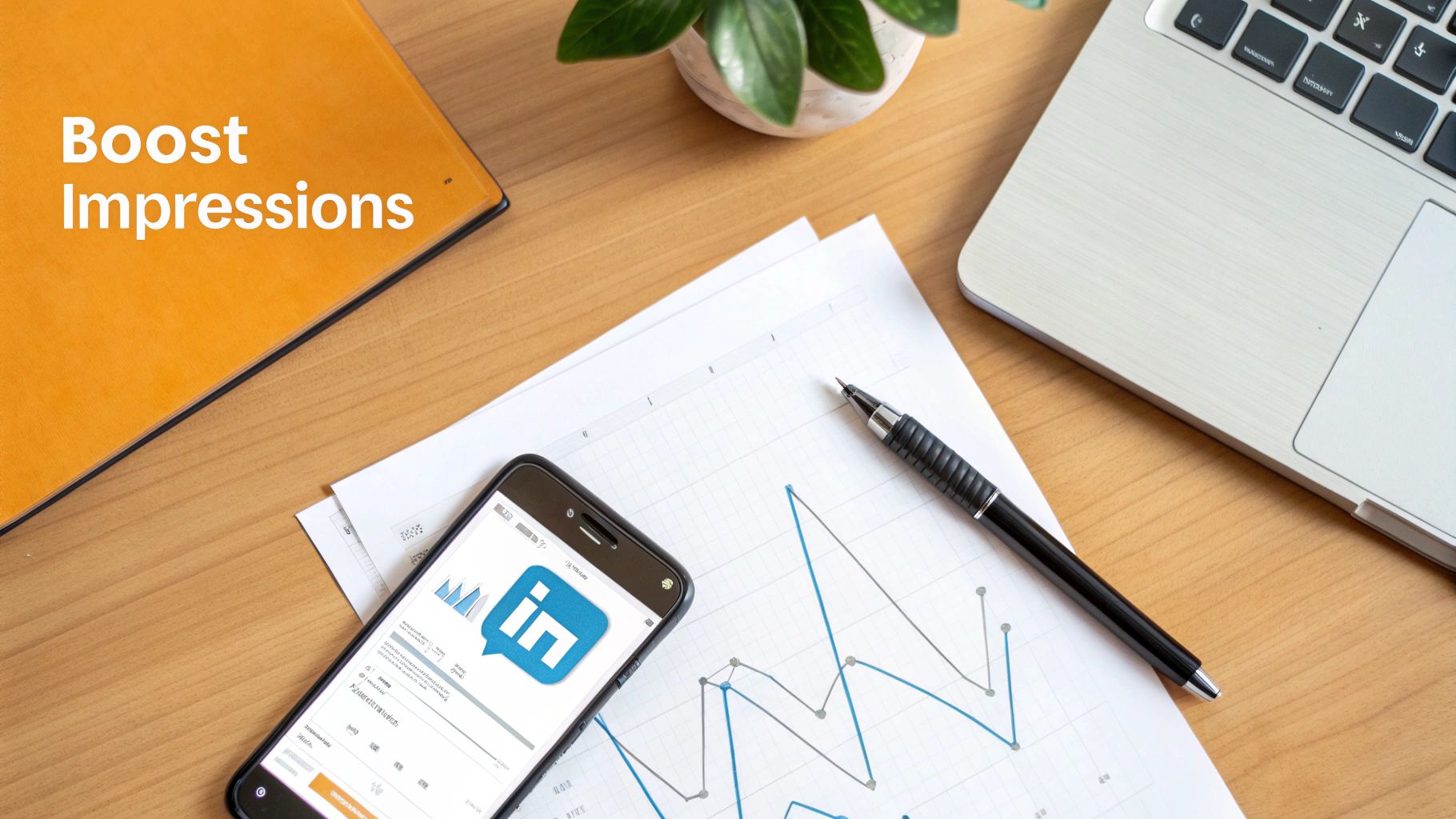 Desk setup with 'Boost Impressions' notebook, LinkedIn analytics on a phone, laptop, and graphs.