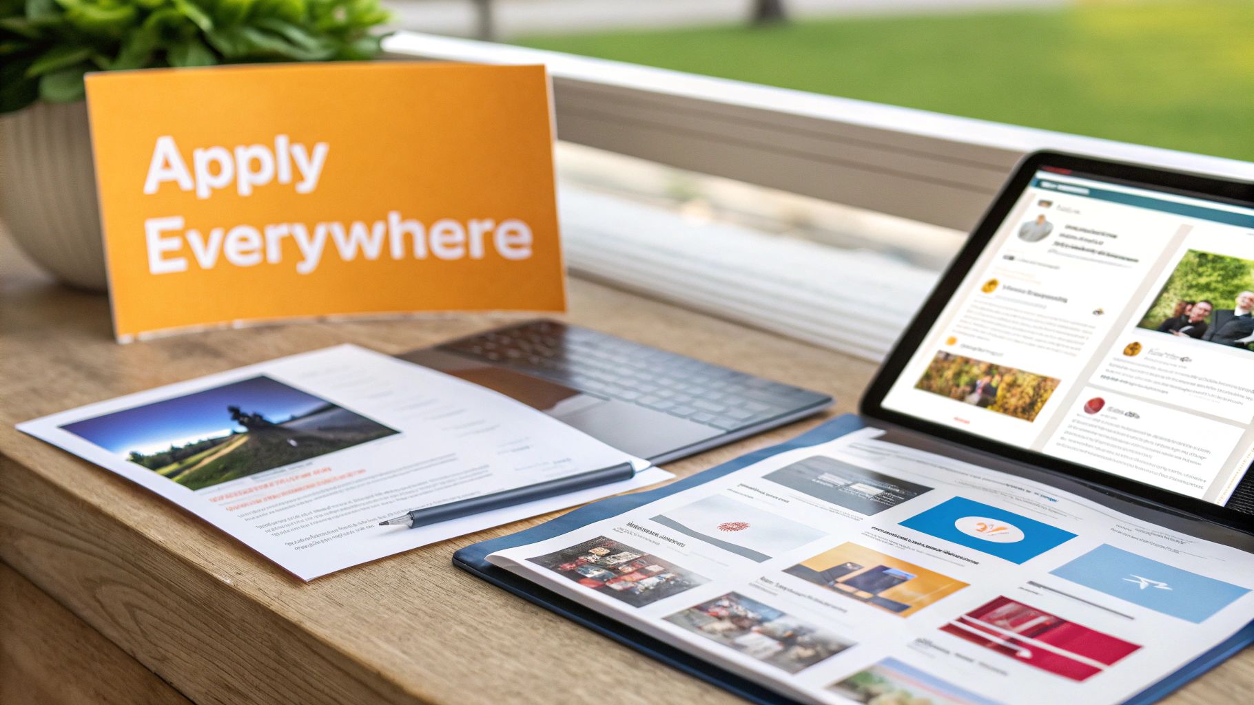 Professional workspace with an 'Apply Everywhere' sign, laptop, papers, and a pen on a wooden desk.