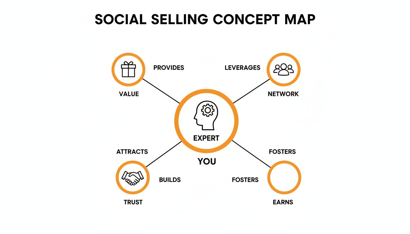 A concept map illustrating social selling, showing how an expert provides value, leverages network, and builds trust.
