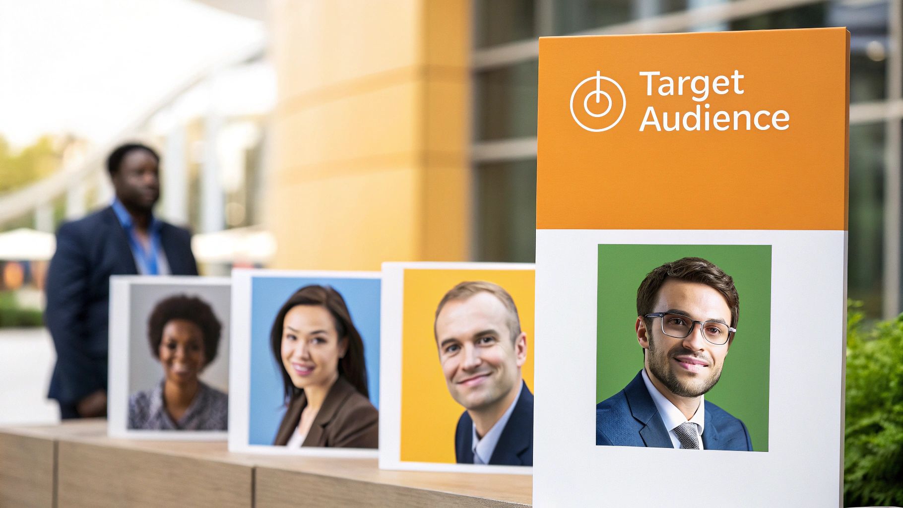 A sign displaying 'Target Audience' with an icon, next to portraits of diverse people.
