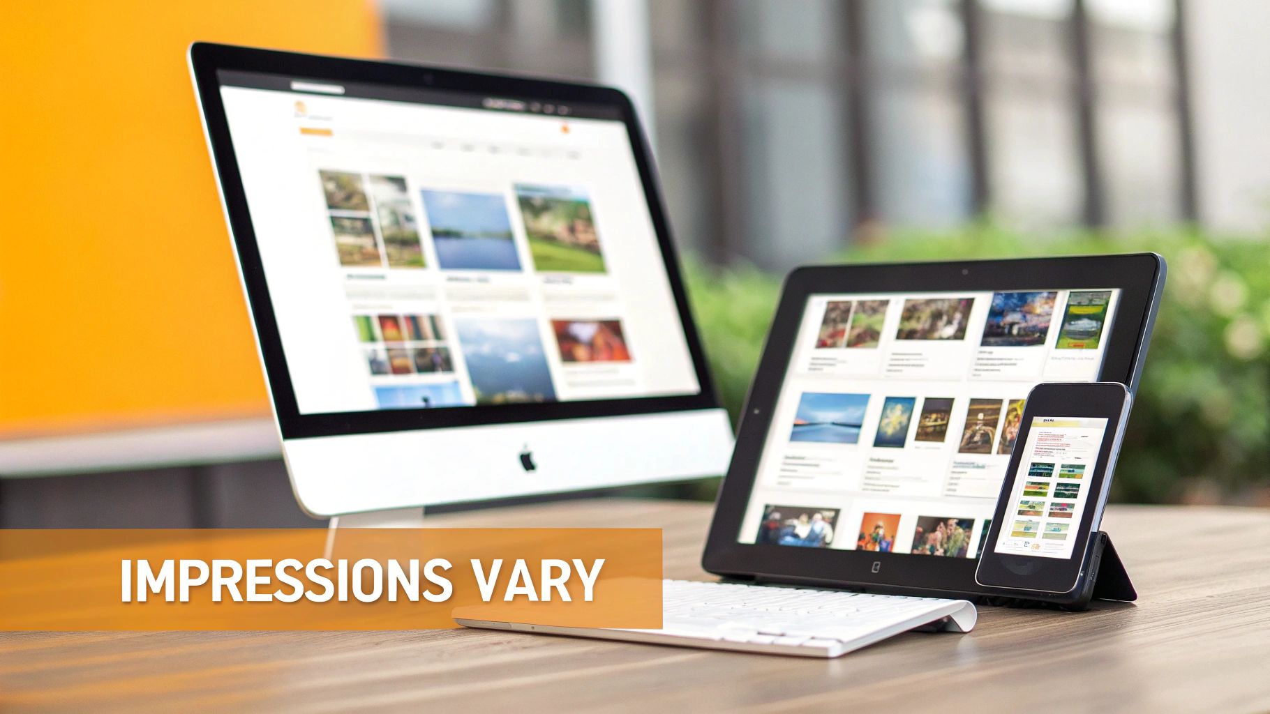 Responsive web design shown across a desktop computer, tablet, and smartphone on a wooden table.
