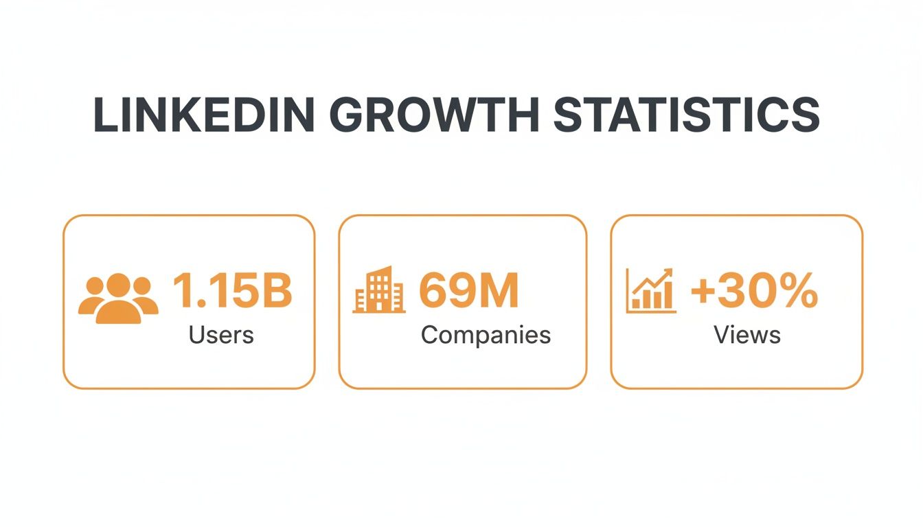 LinkedIn growth statistics showing 1.15 billion users, 69 million companies, and a 30% increase in views.