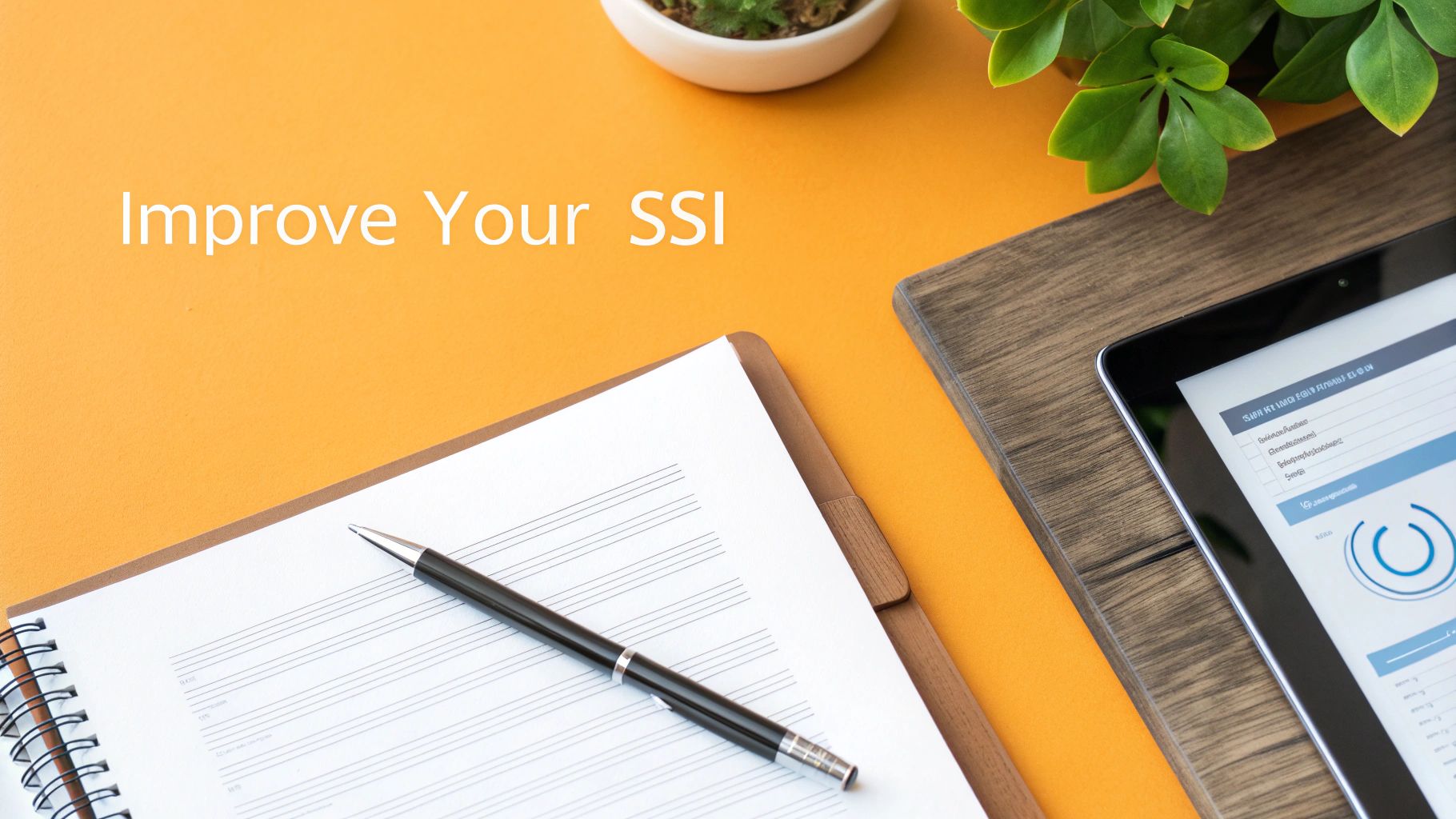 Flat lay of a desk with a tablet, notebook, pen, and plants, with text 'Improve Your SSI'.